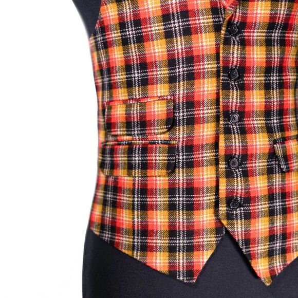 Mens Plaid Vest 40R Orange Yellow Black Wool Waistcoat Wedding Prom Formal Party - Picture 6 of 8